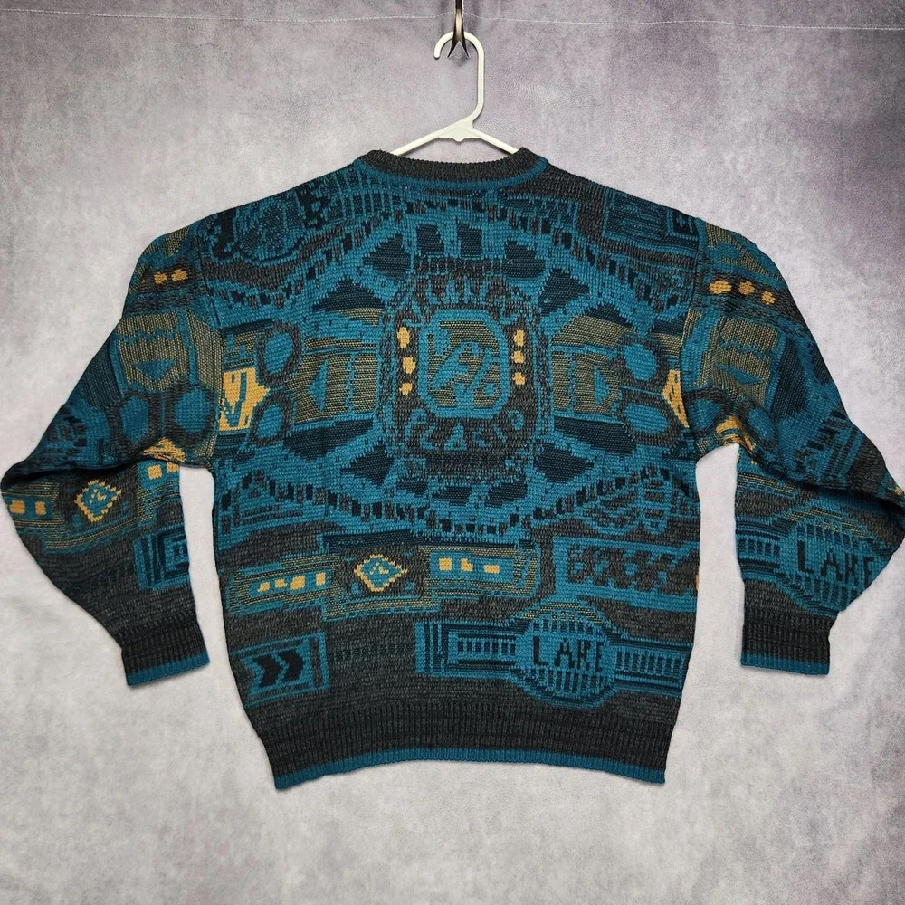 Saturdays Mens Vintage Teal Black Gold Geometric Pattern Knit Sweater size Large